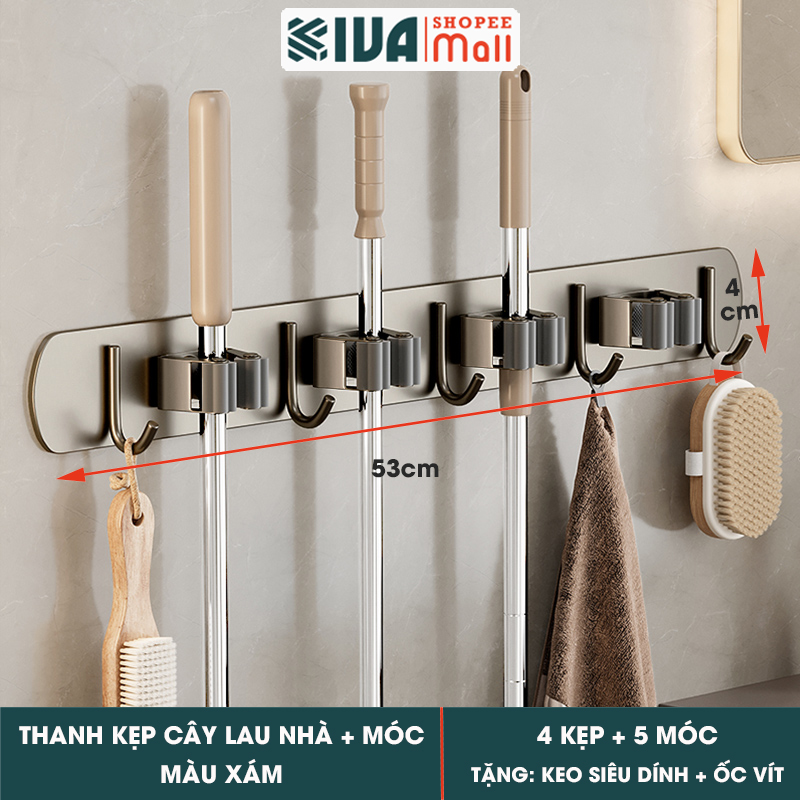 Móc Kẹp Cây Lau Nhà KIVA, Chất Liệu Nhôm Hàng Không Cao Cấp, Lắp Đặt Không Cần Khoan.