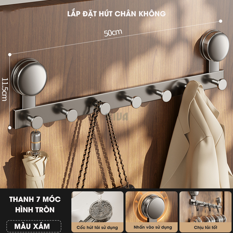 Thanh móc treo đồ, quần áo đa năng KIVA, lắp đặt hút chân không, chất liệu nhôm hàng không cao cấp