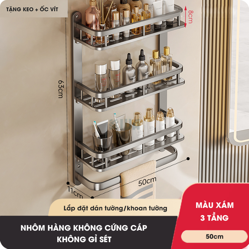Kệ phòng tắm KIVA để đồ nhiều tầng treo tường, kích thước lớn để đồ nhà tắm, lắp đặt dán tường, khoan tường.