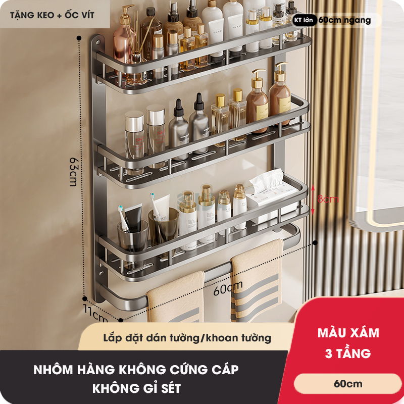 Kệ phòng tắm KIVA để đồ nhiều tầng treo tường, kích thước lớn để đồ nhà tắm, lắp đặt dán tường, khoan tường.