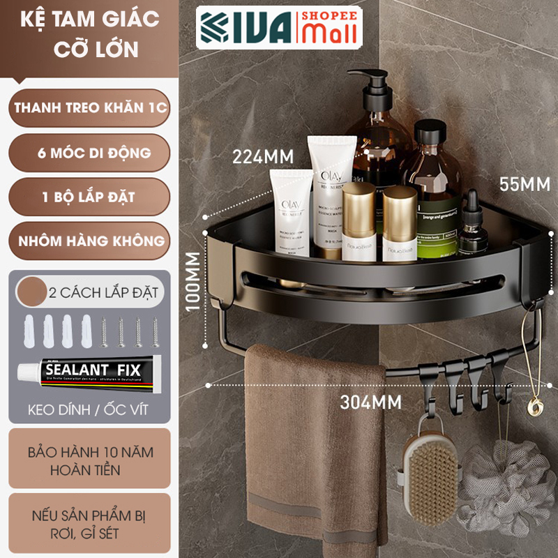 Kệ góc phòng tắm để đồ dán tường KIVA màu xám, chất liệu nhôm hàng không, lắp đặt dán tường và khoan tường.