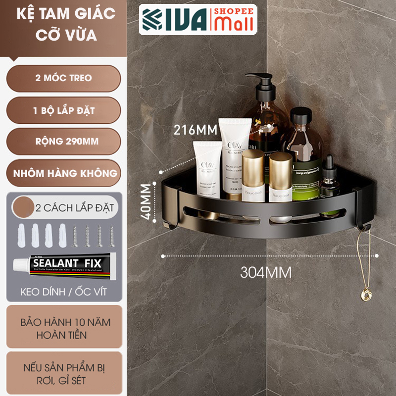 Kệ góc phòng tắm để đồ dán tường KIVA màu xám, chất liệu nhôm hàng không, lắp đặt dán tường và khoan tường.
