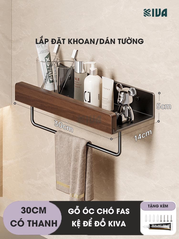 Kệ để đồ nhà tắm, phòng tắm KIVA chất liệu gỗ óc chó, lắp đặt 2 cách, dán tường hoặc khoan tường.