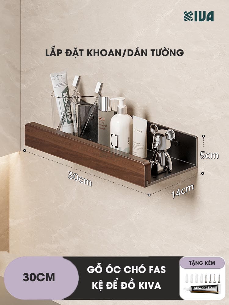 Kệ để đồ nhà tắm, phòng tắm KIVA chất liệu gỗ óc chó, lắp đặt 2 cách, dán tường hoặc khoan tường.