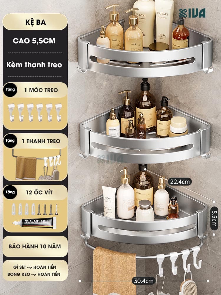 Kệ góc nhôm hàng không KIVA màu bạc, kệ để đồ nhà tắm lắp đặt dán tường, khoan tường