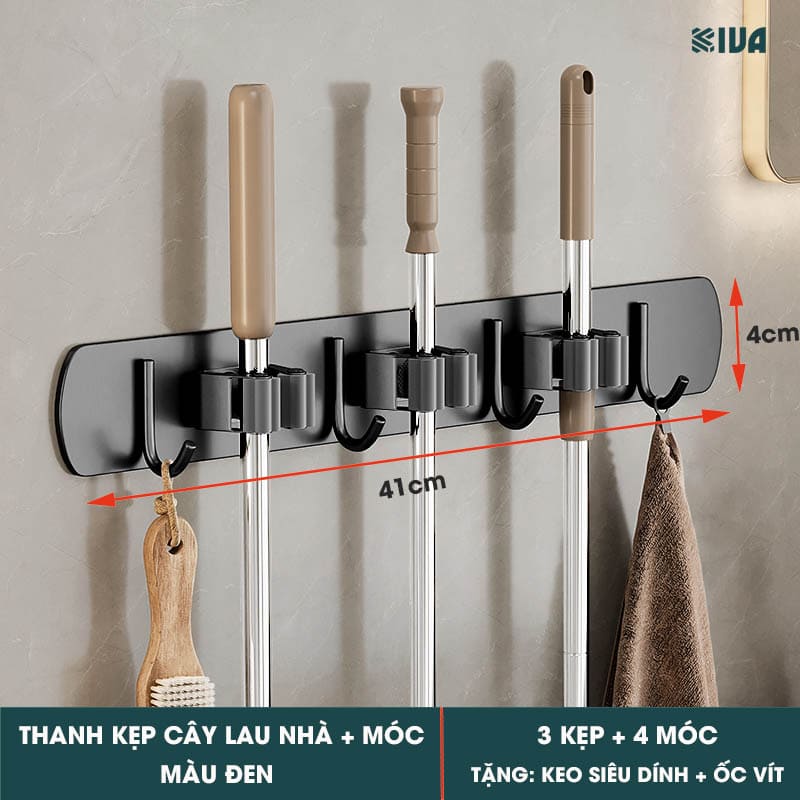 Móc Kẹp Cây Lau Nhà KIVA, Chất Liệu Nhôm Hàng Không Cao Cấp, Lắp Đặt Không Cần Khoan.