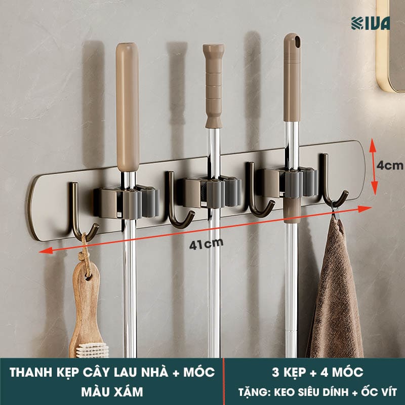 Móc Kẹp Cây Lau Nhà KIVA, Chất Liệu Nhôm Hàng Không Cao Cấp, Lắp Đặt Không Cần Khoan.