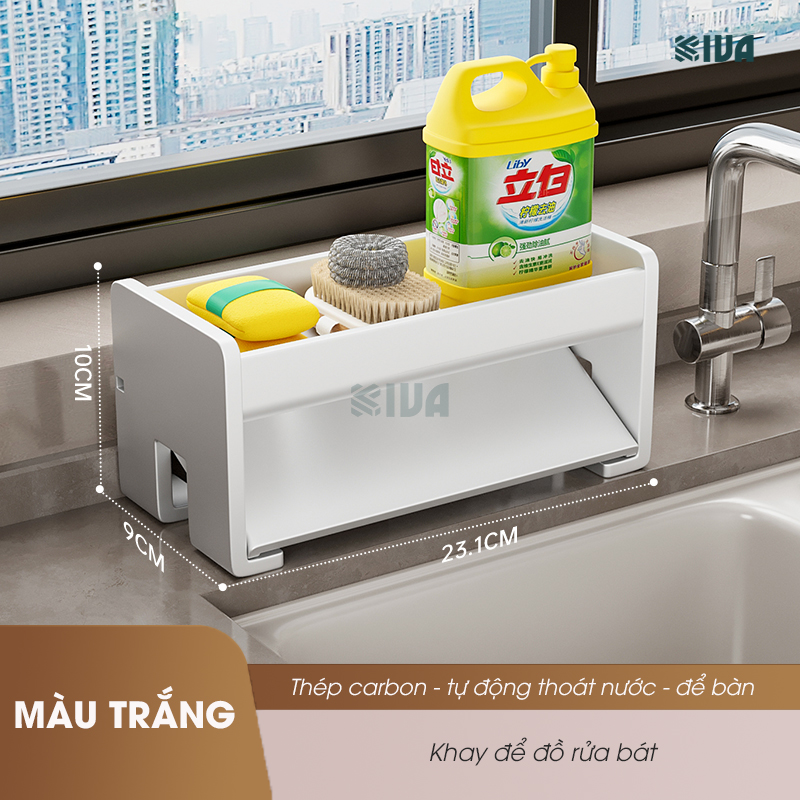 Giá kệ để đồ rửa bát KIVA chất liệu thép Carbon, trang bị thêm thanh treo khăn, để đồ đa năng.
