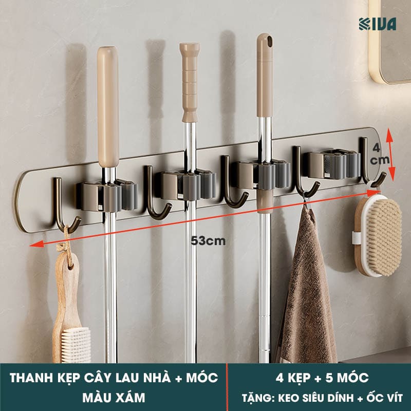 Móc Kẹp Cây Lau Nhà KIVA, Chất Liệu Nhôm Hàng Không Cao Cấp, Lắp Đặt Không Cần Khoan.