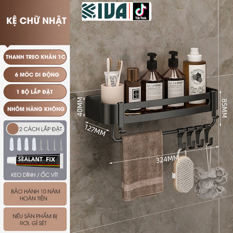 Kệ góc phòng tắm để đồ dán tường KIVA màu xám, chất liệu nhôm hàng không, lắp đặt dán tường và khoan tường.