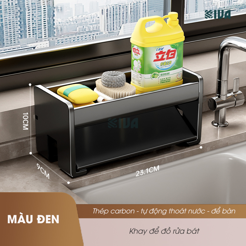 Giá kệ để đồ rửa bát KIVA chất liệu thép Carbon, trang bị thêm thanh treo khăn, để đồ đa năng.
