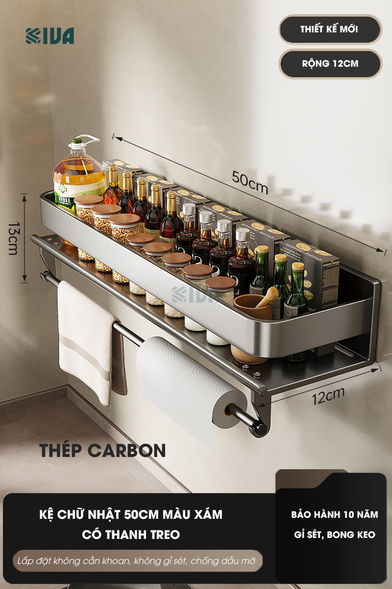 Kệ gia vị nhà bếp đa năng KIVA màu xám, chất liệu thép Carbon, lắp đặt dán tường, khoan tường