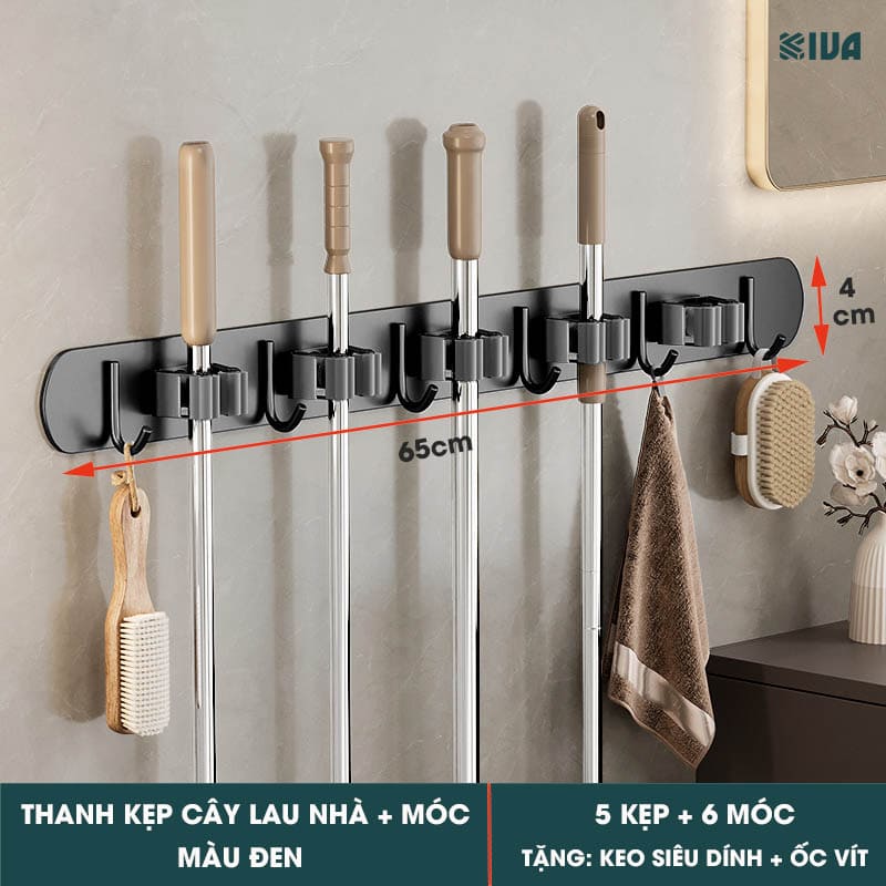 Móc Kẹp Cây Lau Nhà KIVA, Chất Liệu Nhôm Hàng Không Cao Cấp, Lắp Đặt Không Cần Khoan.