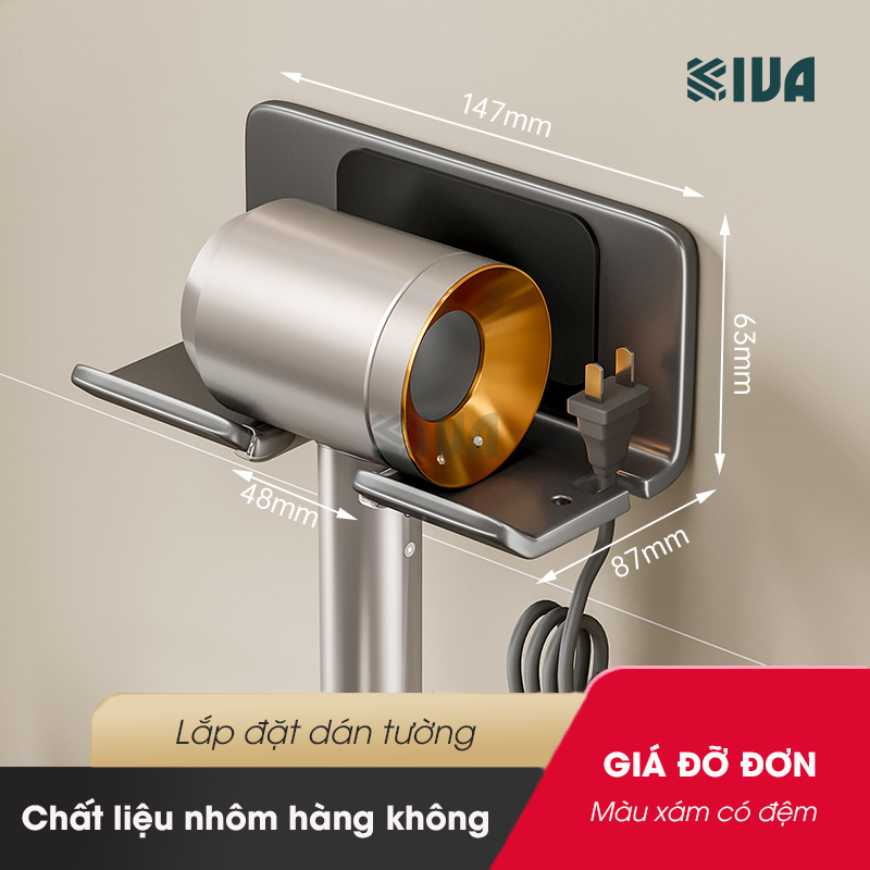 Giá kệ treo để máy sấy tóc KIVA đơn giản, chất liệu nhôm hàng không, lắp đặt dán tường.