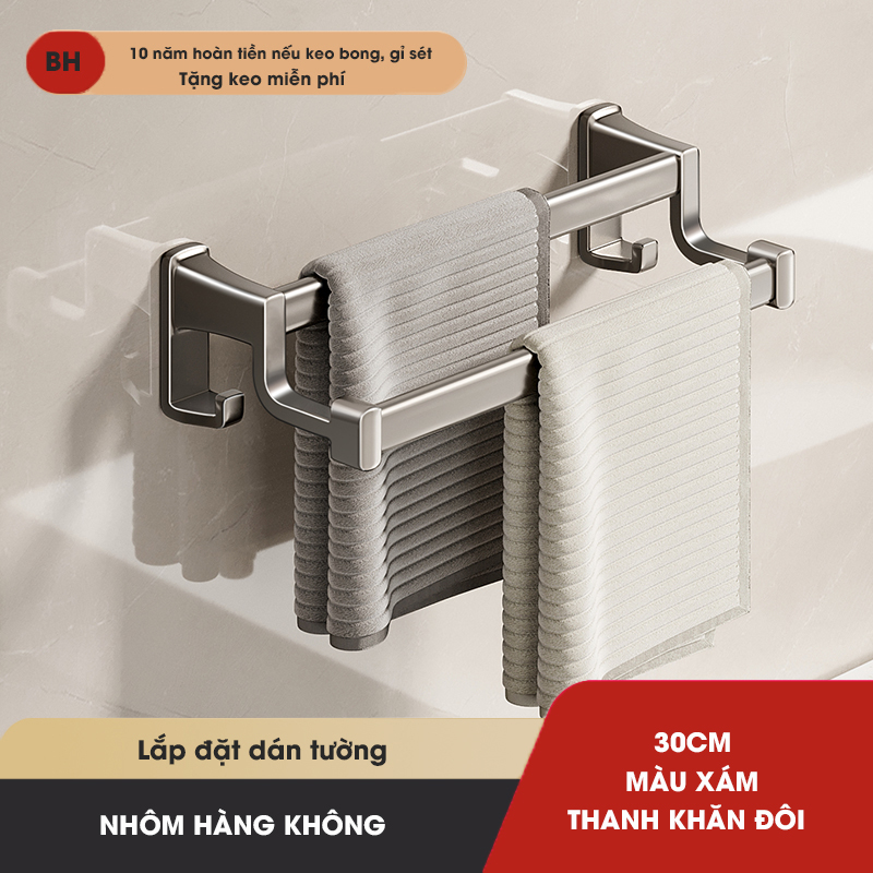 Thanh treo khăn, kệ để khăn KIVA, chất liệu nhôm hàng không cao cấp, lắp đặt dán tường.