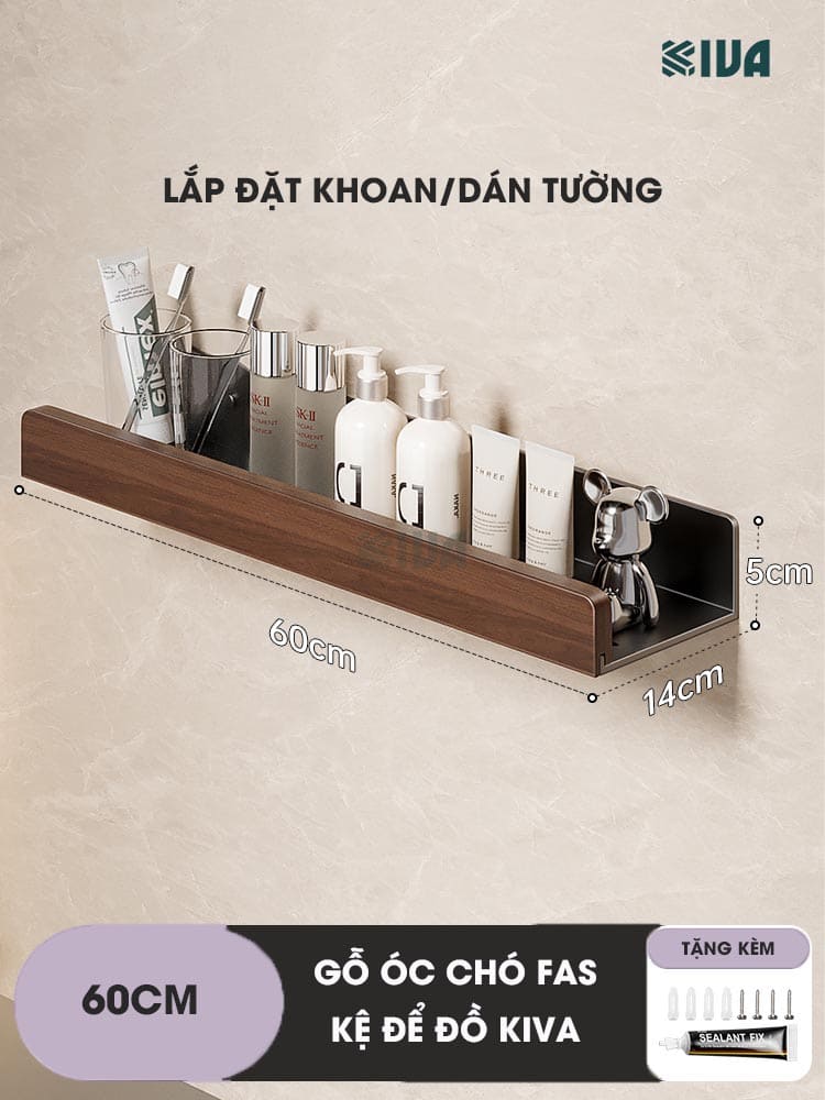 Kệ để đồ nhà tắm, phòng tắm KIVA chất liệu gỗ óc chó, lắp đặt 2 cách, dán tường hoặc khoan tường.