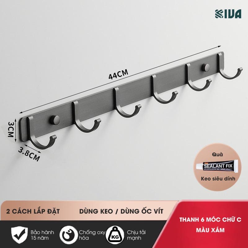 Móc Dán Tường Chữ C Treo Đồ Chịu Lực Siêu Dính KIVA Chất Liệu Nhôm Hàng Không, Lắp Đặt Không Cần Khoan.