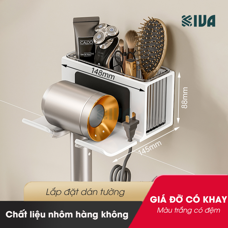 Giá kệ treo để máy sấy tóc KIVA đơn giản, chất liệu nhôm hàng không, lắp đặt dán tường.