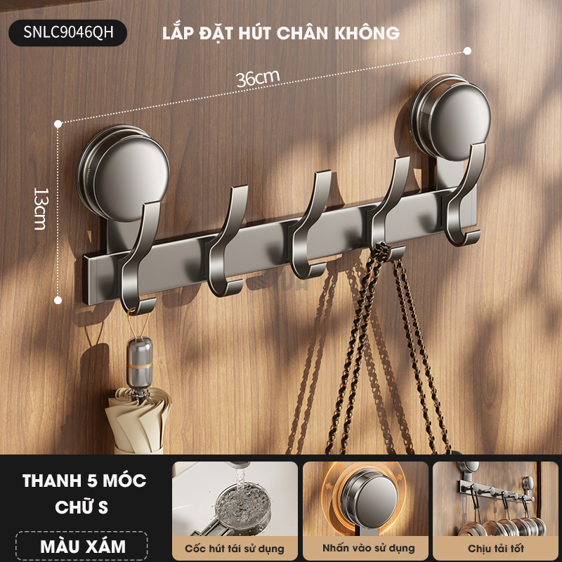 Thanh móc treo đồ, quần áo đa năng KIVA, lắp đặt hút chân không, chất liệu nhôm hàng không cao cấp