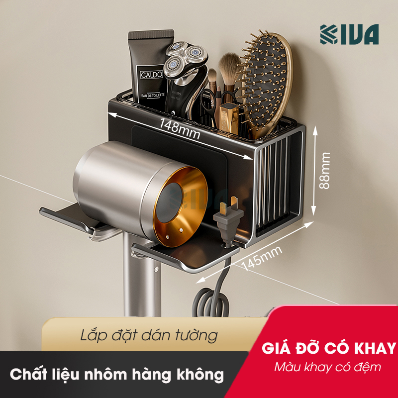 Giá kệ treo để máy sấy tóc KIVA đơn giản, chất liệu nhôm hàng không, lắp đặt dán tường.