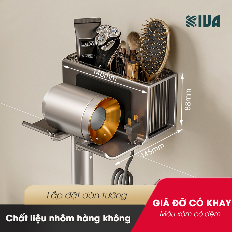 Giá kệ treo để máy sấy tóc KIVA đơn giản, chất liệu nhôm hàng không, lắp đặt dán tường.
