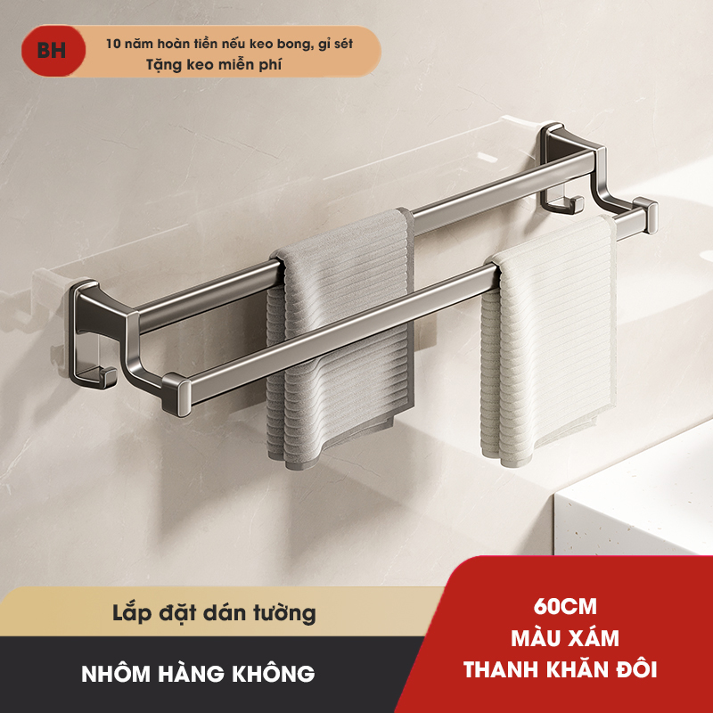 Thanh treo khăn, kệ để khăn KIVA, chất liệu nhôm hàng không cao cấp, lắp đặt dán tường.