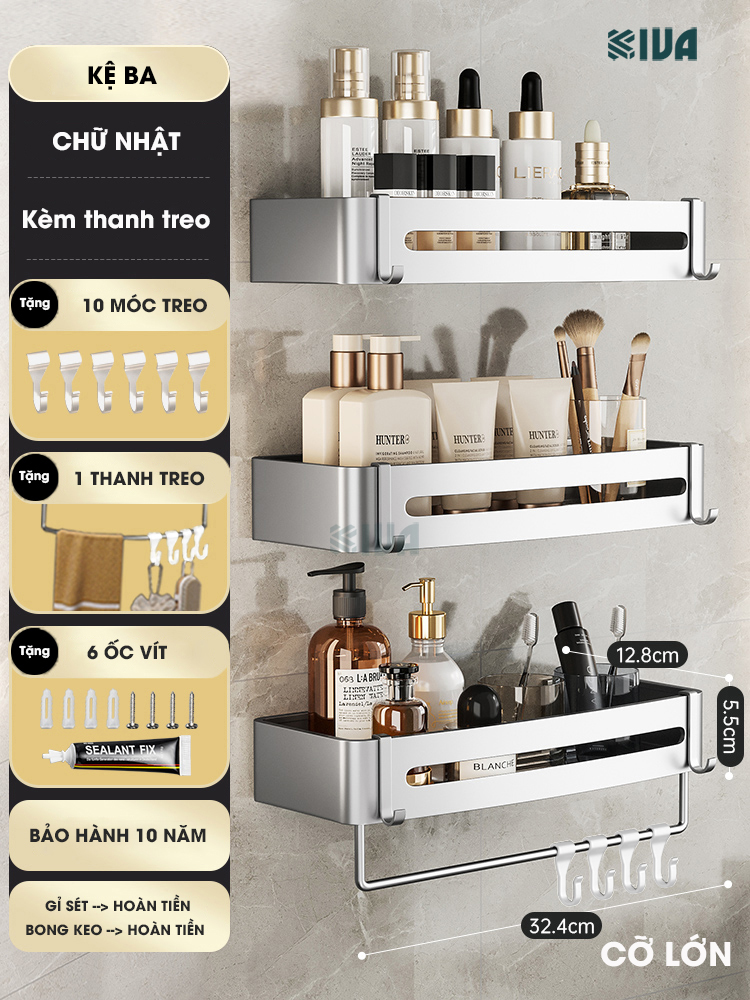 Kệ góc nhôm hàng không KIVA màu bạc, kệ để đồ nhà tắm lắp đặt dán tường, khoan tường