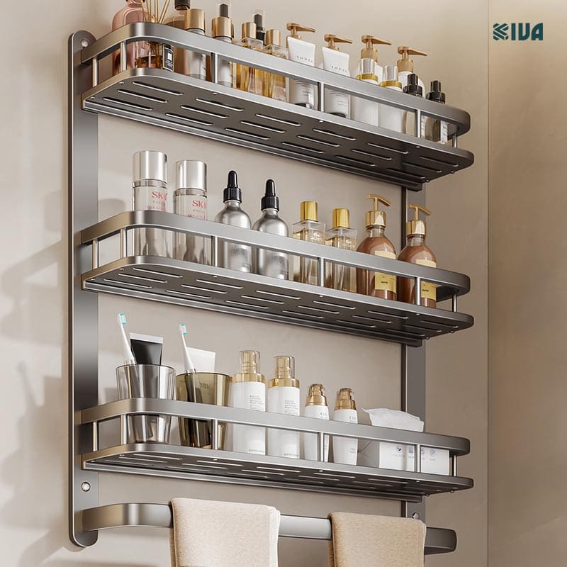 Kệ phòng tắm KIVA để đồ nhiều tầng treo tường, kích thước lớn để đồ nhà tắm, lắp đặt dán tường, khoan tường.