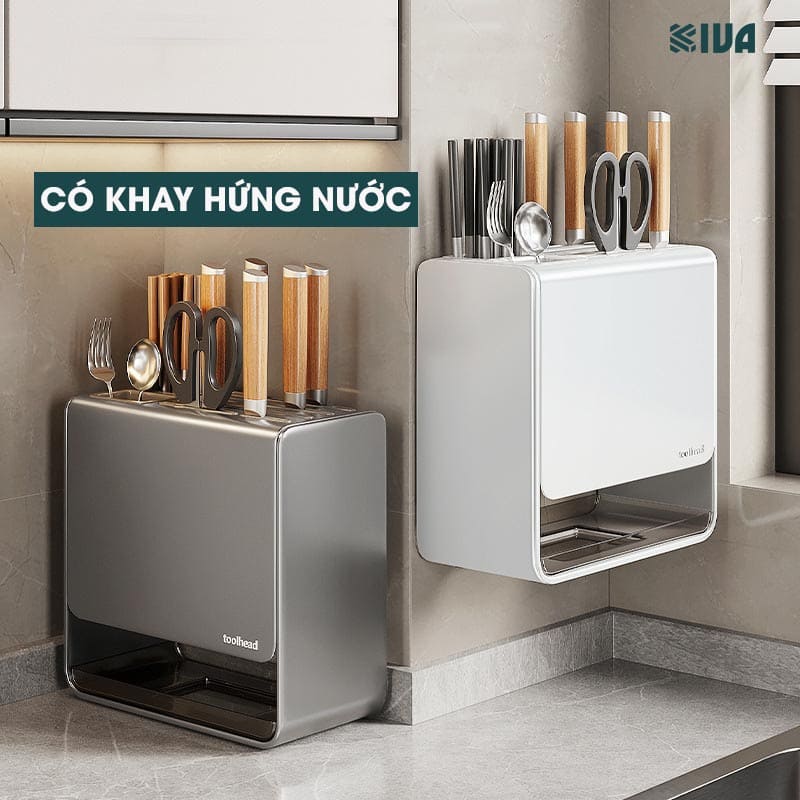 Kệ để dao, đũa, thìa nhà bếp để bàn, dán tường KIVA Chất liệu thép Carbon không gỉ.