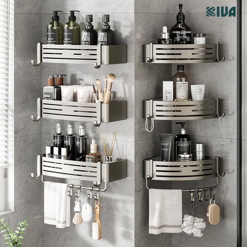 Giá kệ góc nhà tắm KIVA dán tường siêu dính, lắp đặt 2 cách, chất liệu nhông hàng không, dày dặn.