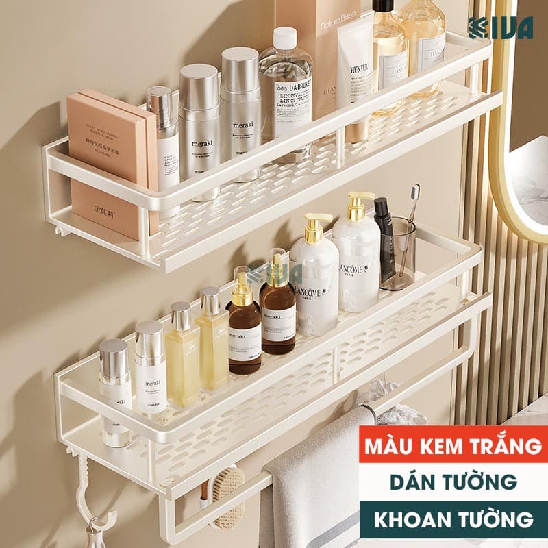Giá kệ để đồ nhà tắm dán tường KIVA BORO màu trắng kem, lắp đặt dán tường, khoan tường, chất liệu nhôm hàng không.