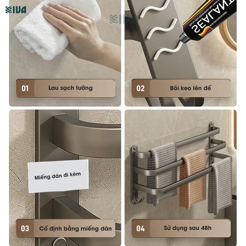 Thanh treo khăn nhà tắm màu xám KIVA chất liệu nhôm hàng không cao cấp, lắp đặt không cần khoan.