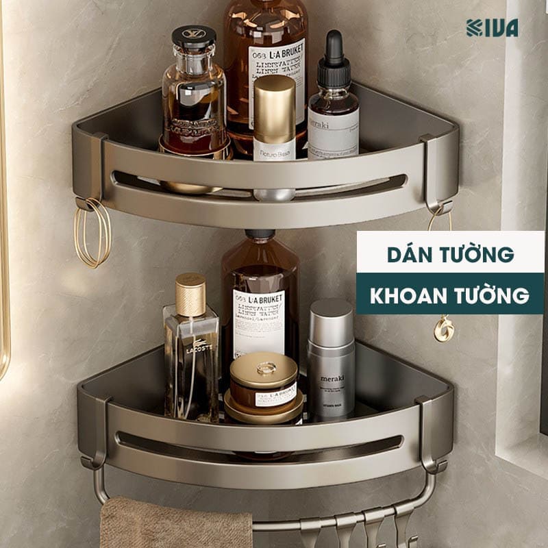 Kệ góc phòng tắm để đồ dán tường KIVA màu xám, chất liệu nhôm hàng không, lắp đặt dán tường và khoan tường.