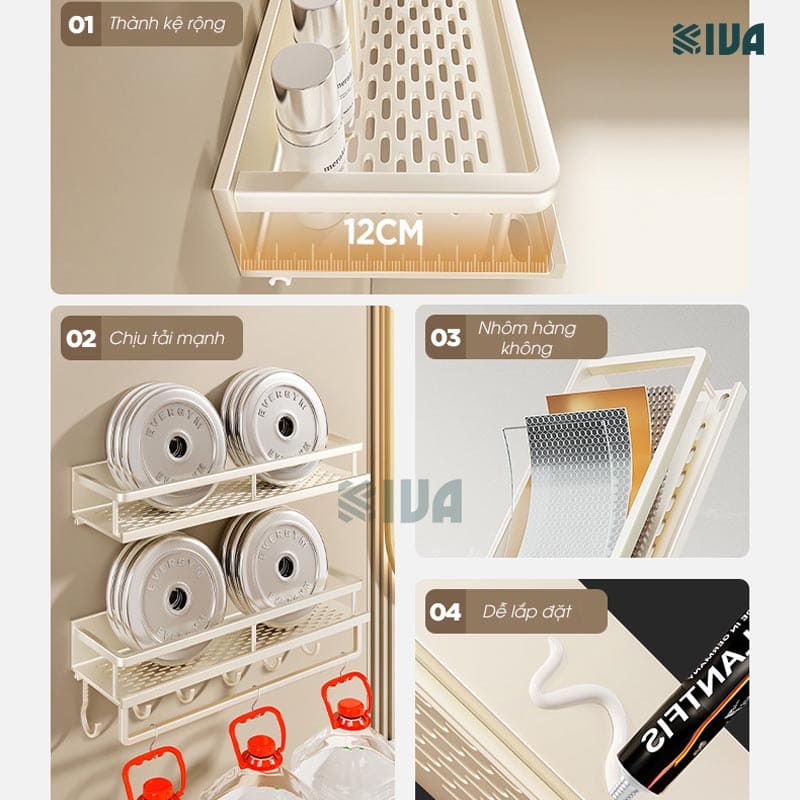 Giá kệ để đồ nhà tắm dán tường KIVA BORO màu trắng kem, lắp đặt dán tường, khoan tường, chất liệu nhôm hàng không.