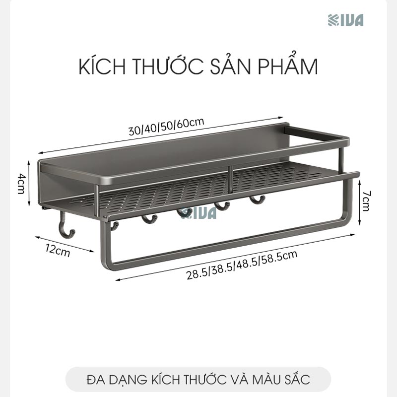 Giá kệ nhà tắm để đồ dán tường KIVA BORO, chất liệu nhôm hàng không cao cấp, bảo hành 10 năm.