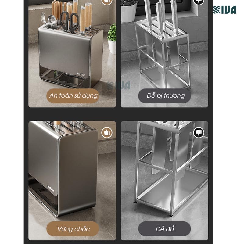 Kệ để dao, đũa, thìa nhà bếp để bàn, dán tường KIVA Chất liệu thép Carbon không gỉ.