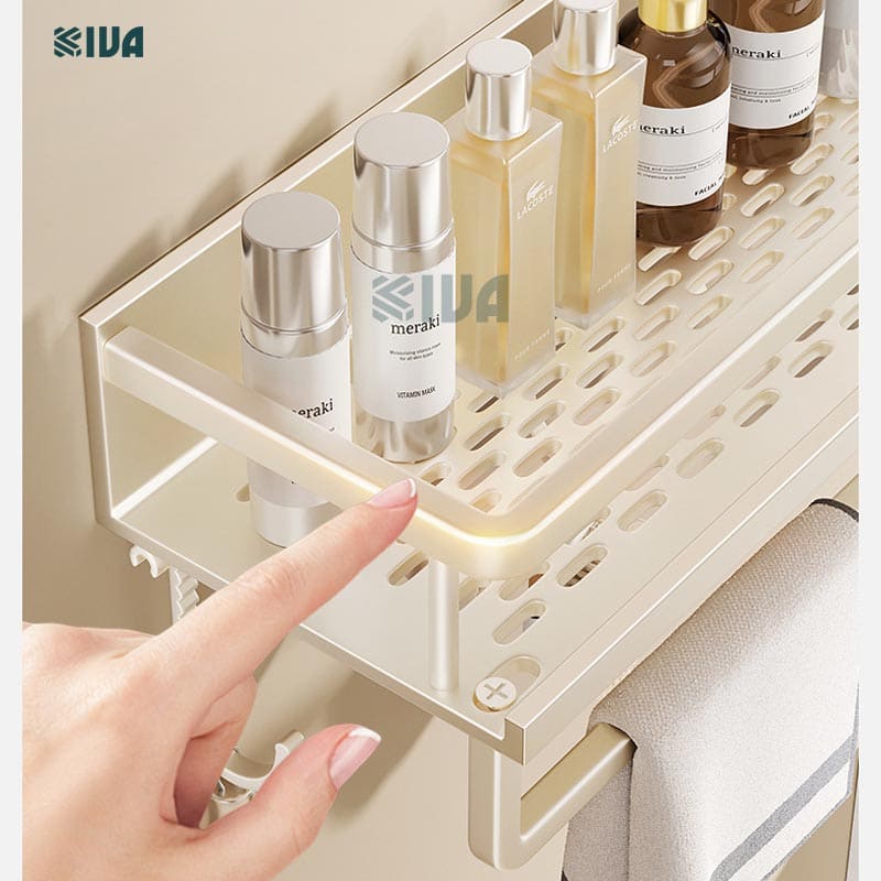 Giá kệ để đồ nhà tắm dán tường KIVA BORO màu trắng kem, lắp đặt dán tường, khoan tường, chất liệu nhôm hàng không.