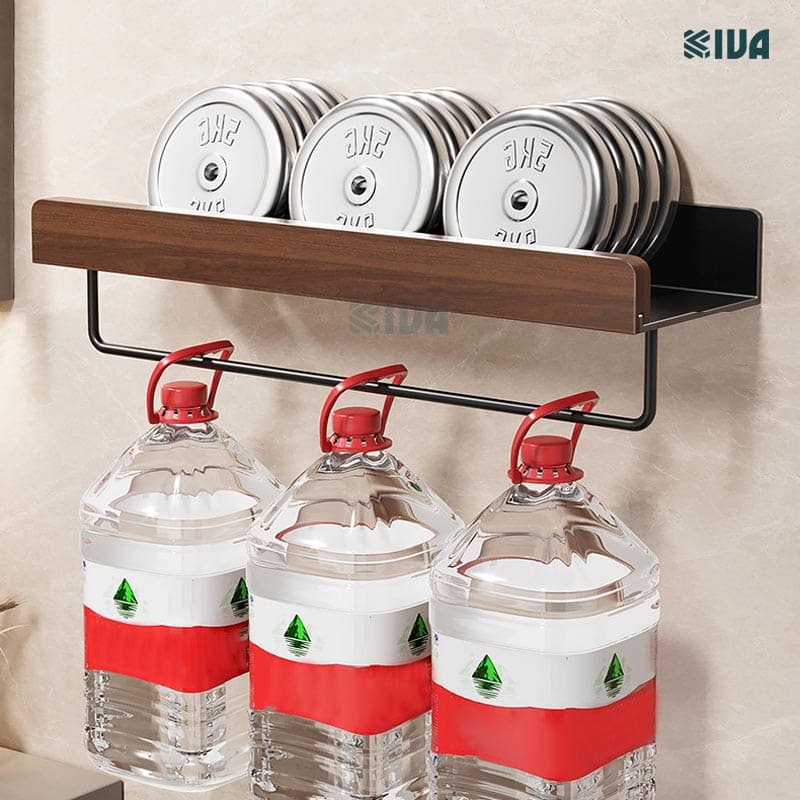 Kệ để đồ nhà tắm, phòng tắm KIVA chất liệu gỗ óc chó, lắp đặt 2 cách, dán tường hoặc khoan tường.
