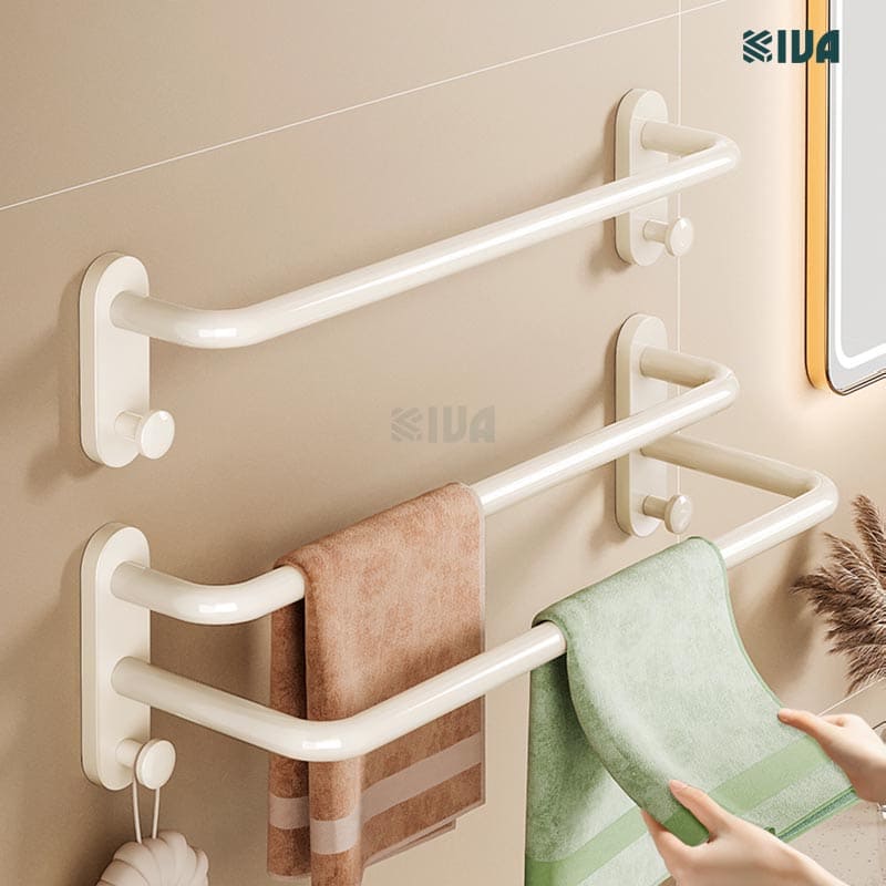 Thanh treo khăn nhà tắm KIVA màu trắng ngà, chất liệu nhôm hàng không, lắp đặt dán tường, khoan tường.