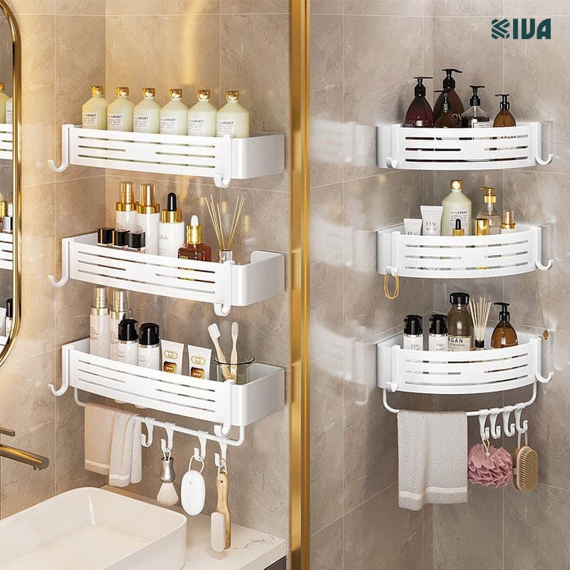 Kệ Đựng Đồ Nhà Tắm KIVA BIG ANGLE Màu Trắng Dán Góc Tường, Để Mỹ Phẩm, Dầu Gội Đầu, Lắp Đặt Bằng 2 Cách.