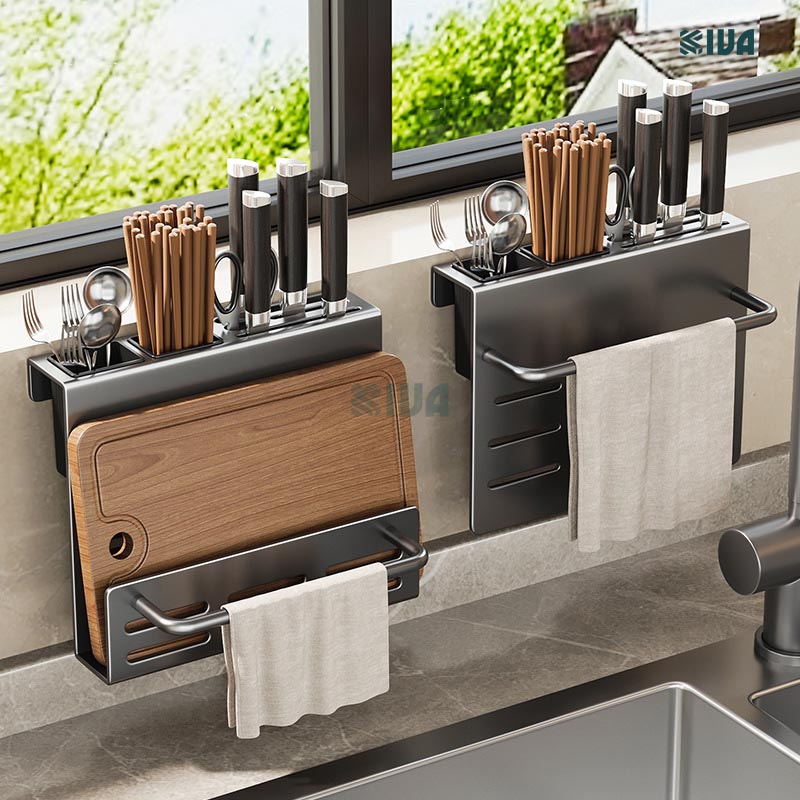 Kệ để dao thớt KIVA đa năng treo tường, đựng đũa, muỗng thìa, chất liệu thép Carbon