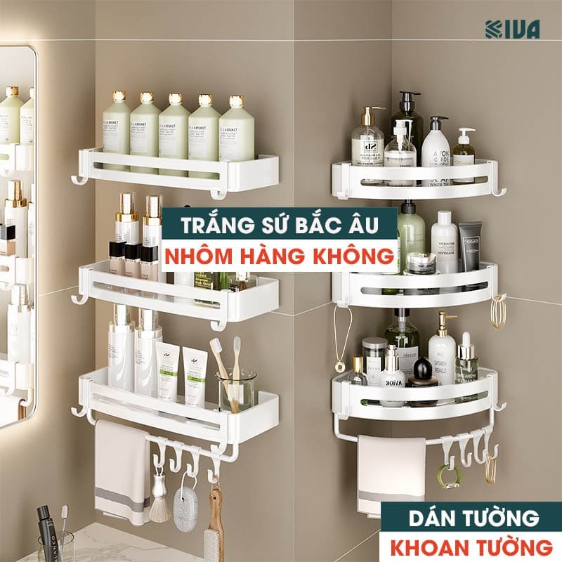 Kệ góc nhà tắm dán tường để đồ KIVA PISCES màu trắng Bắc Âu chất liệu nhôm hàng không cao cấp.