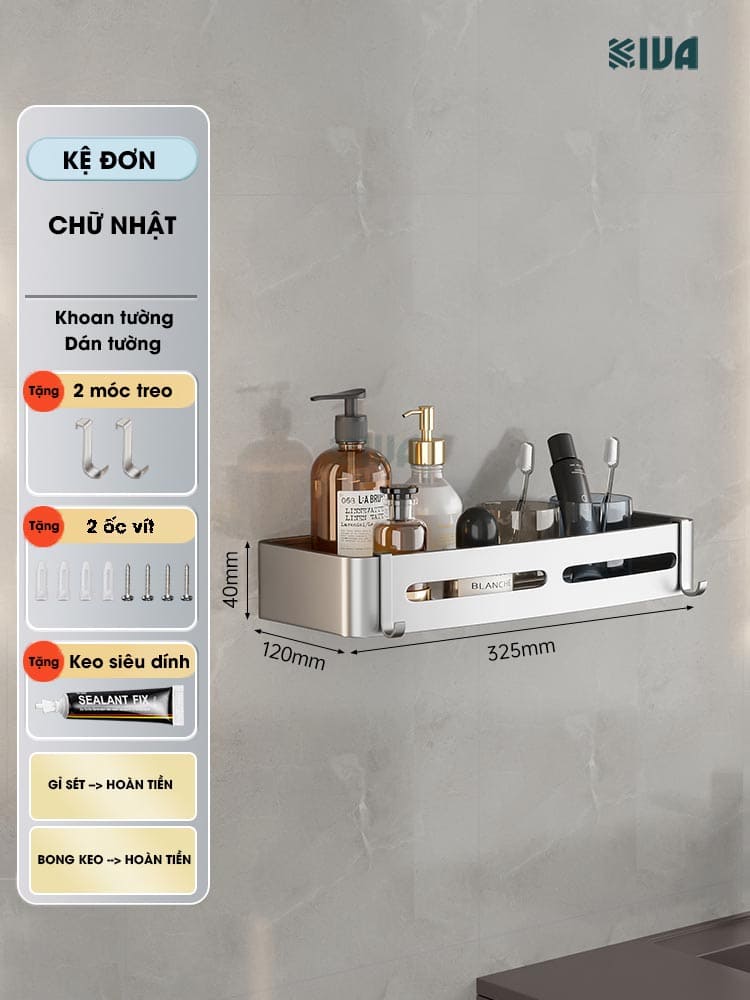 Kệ góc nhôm hàng không KIVA màu bạc, kệ để đồ nhà tắm lắp đặt dán tường, khoan tường