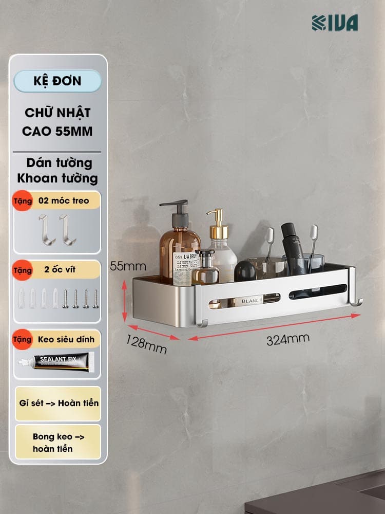 Kệ góc nhôm hàng không KIVA màu bạc, kệ để đồ nhà tắm lắp đặt dán tường, khoan tường