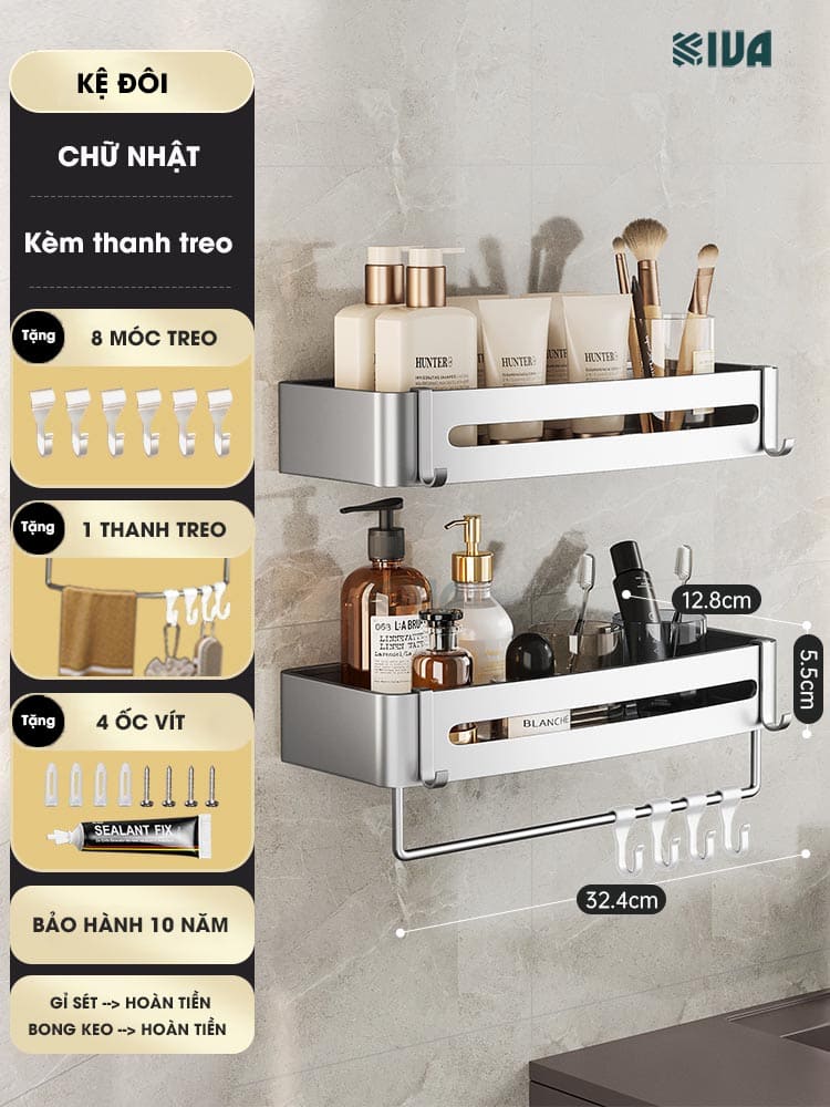 Kệ góc nhôm hàng không KIVA màu bạc, kệ để đồ nhà tắm lắp đặt dán tường, khoan tường