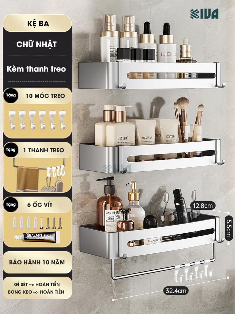 Kệ góc nhôm hàng không KIVA màu bạc, kệ để đồ nhà tắm lắp đặt dán tường, khoan tường
