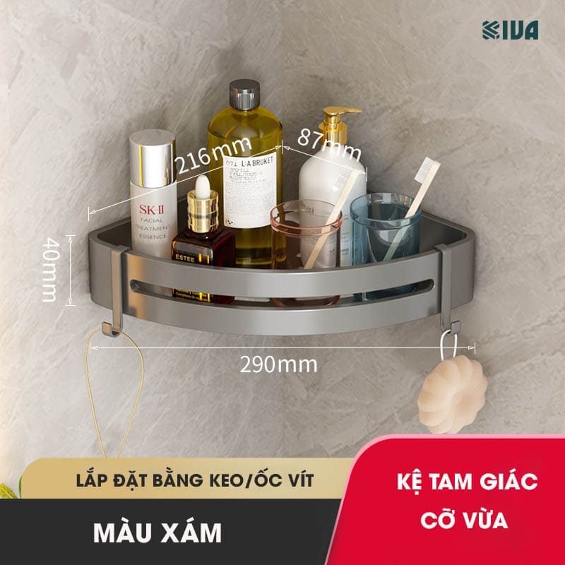 Kệ góc phòng tắm để đồ dán tường KIVA màu xám, chất liệu nhôm hàng không, lắp đặt dán tường và khoan tường.