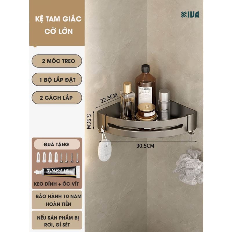 Kệ góc phòng tắm để đồ dán tường KIVA màu xám, chất liệu nhôm hàng không, lắp đặt dán tường và khoan tường.