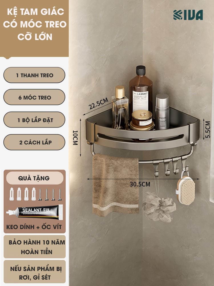 Kệ góc phòng tắm để đồ dán tường KIVA màu xám, chất liệu nhôm hàng không, lắp đặt dán tường và khoan tường.