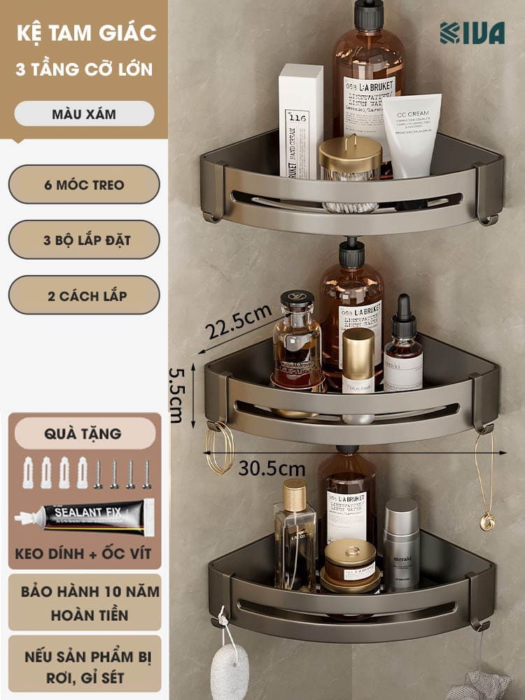 Kệ góc phòng tắm để đồ dán tường KIVA màu xám, chất liệu nhôm hàng không, lắp đặt dán tường và khoan tường.